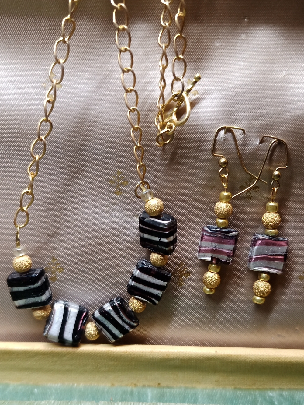 Gold-tone Black & Pink Striped Glass Bead Necklace and Earring Set